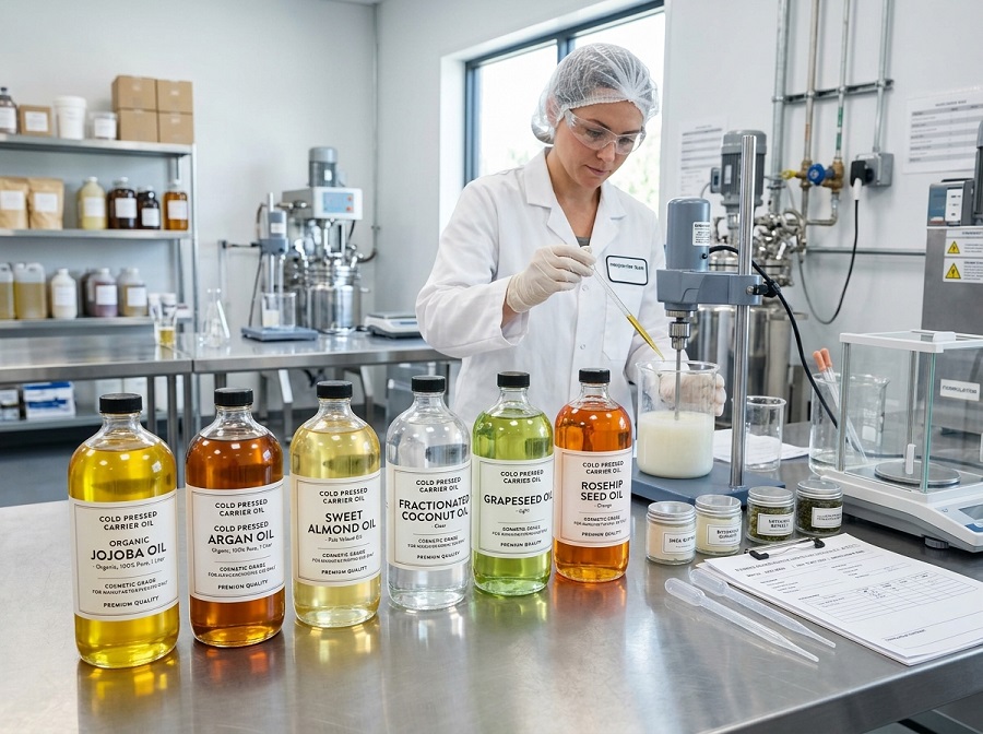 Cold pressed carrier oils used in cosmetic manufacturing