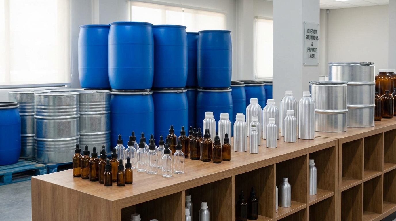 Bulk packaging of essential oils in GI drums HDPE drums aluminium bottles and glass bottles
