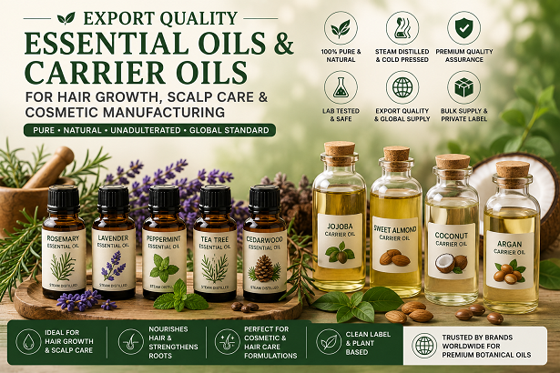 Export quality essential oils and carrier oils for hair growth scalp care cosmetic manufacturing