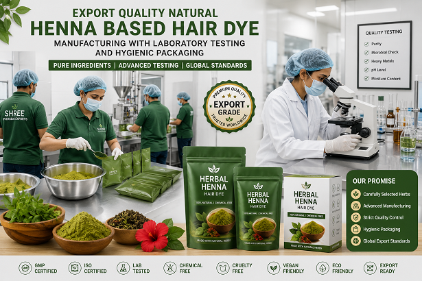 Export quality natural henna based hair dye manufacturing with laboratory testing and hygienic packaging