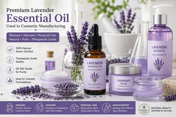 Premium lavender essential oil used in cosmetic manufacturing including skincare, haircare and personal care products