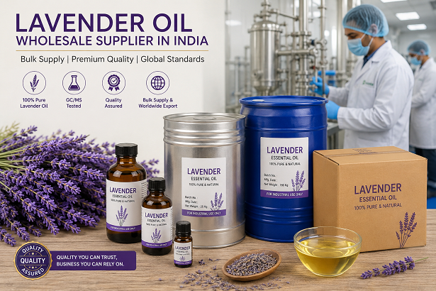 Lavender oil wholesale supplier in India with bulk essential oil packaging and quality-controlled manufacturing